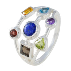 Camila modern multicolor gemstone ring with blue, green, purple, yellow, and red stones set in silver band