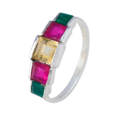 Ayaka modern multicolor gemstone ring with green, pink, and yellow square-cut stones in silver band