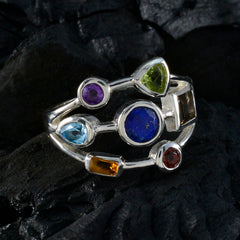 Camila modern multicolor gemstone ring featuring various vibrant gemstones set in silver band