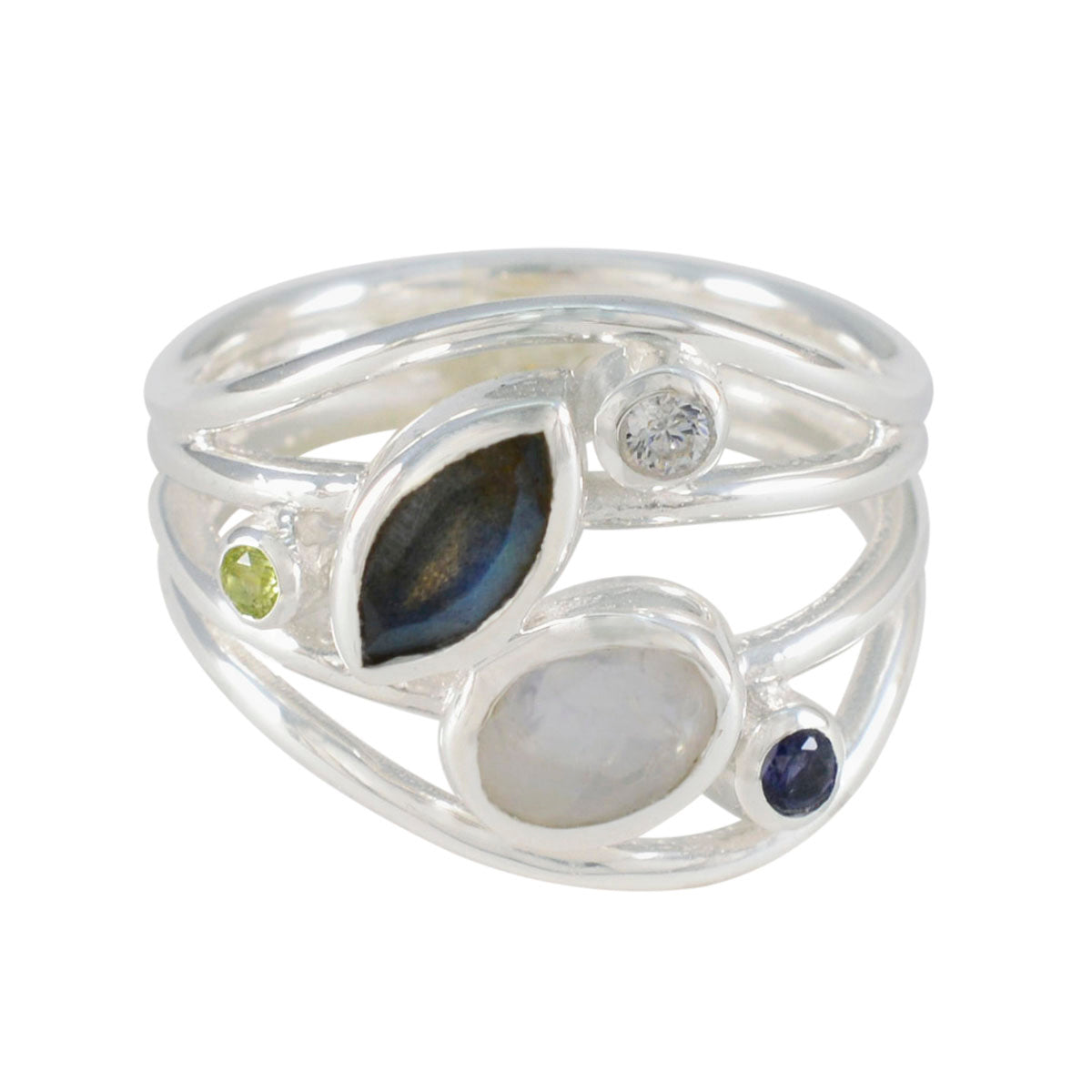 Leah modern multicolor gemstone ring with silver band featuring various colorful gemstones