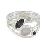 Leah modern multicolor gemstone ring with silver band featuring various colorful gemstones