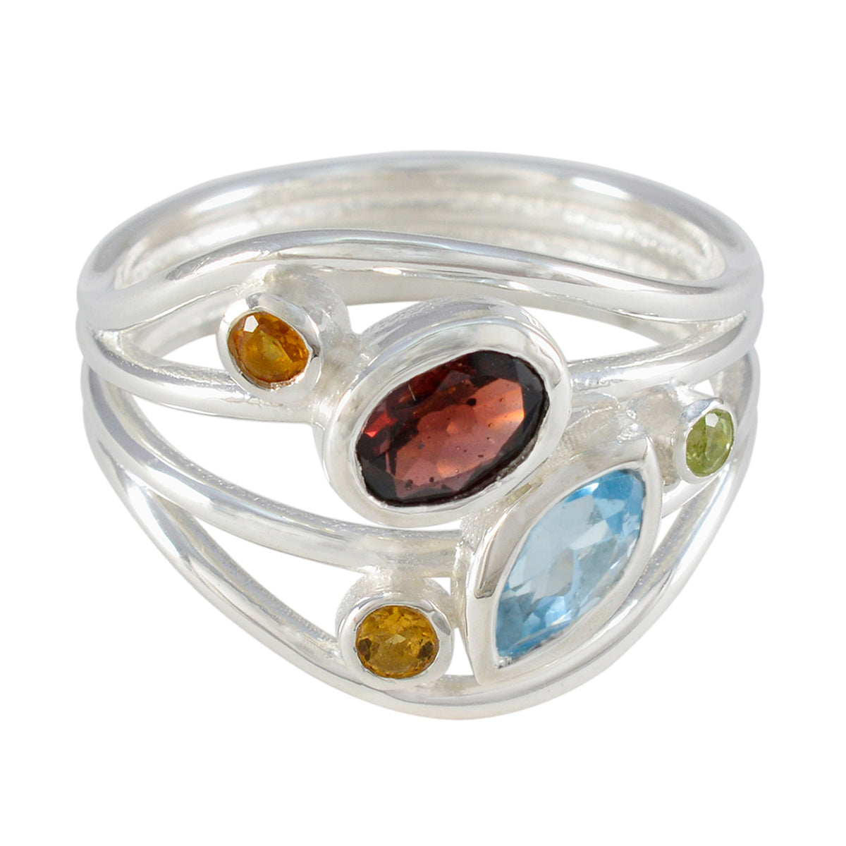 Isadora modern multicolor gemstone ring with silver band and various colorful stones
