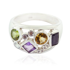 Priya modern multicolor gemstone ring in polished silver with green yellow purple and clear stones