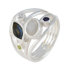 Leah modern multicolor gemstone ring with silver band featuring various colored stones