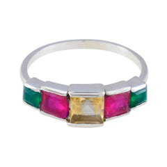Ayaka modern multicolor gemstone ring featuring green, pink, and yellow square gemstones on silver band