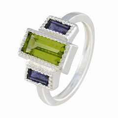 Dayana modern multicolor trilogy ring sterling silver with rectangular green center stone and two purple baguettes