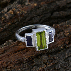 Dayana modern multicolor trilogy ring silver band with rectangular green center stone and purple side stones