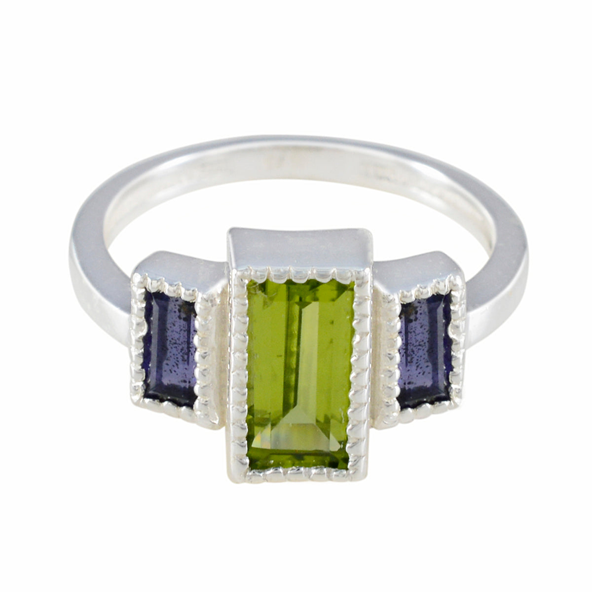 Dayana modern multicolor trilogy ring with rectangular green peridot center and two purple side stones in silver