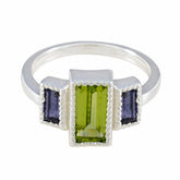 Dayana modern multicolor trilogy ring with rectangular green peridot center and two purple side stones in silver