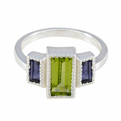 Dayana modern multicolor trilogy ring with rectangular green peridot center and two purple side stones in silver