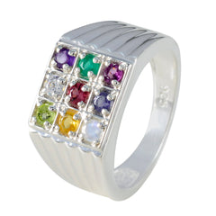 Emilia modern navratna ring with nine colorful gemstones set in a silver band