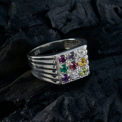 Emilia modern navratna ring with multicolored gemstones set in silver band