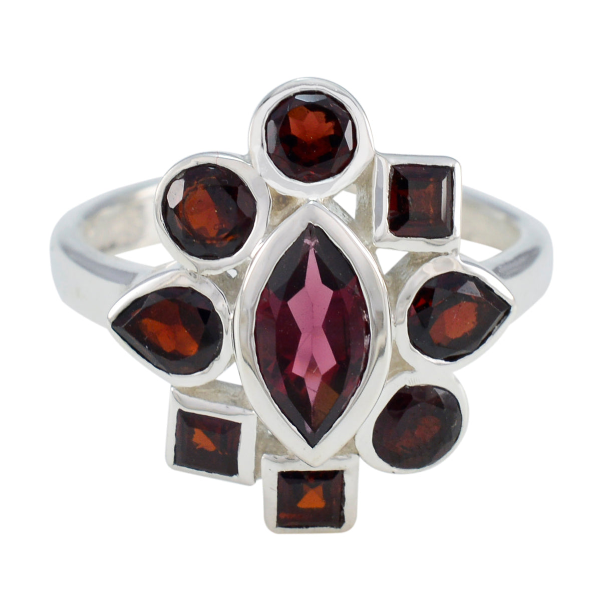 Aisha Modern Navratna Ring with Red Gemstones Garnet Red