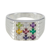 Emilia silver modern navratna ring with nine colorful gemstones in a square setting