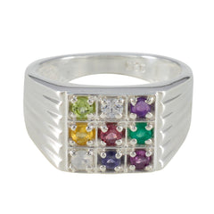 Emilia silver modern navratna ring with nine colorful gemstones in a square setting