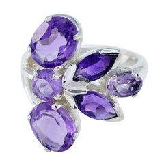 Ayesha modern purple gemstone ring featuring multiple faceted purple stones set in silver band