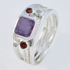Araya sterling silver ring with square purple center stone garnet accents and scroll details modern purple gemstone ring