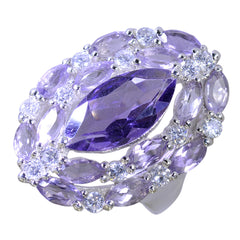 Lucia modern purple gemstone ring featuring marquise and round cut amethyst stones in silver setting