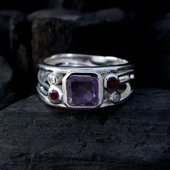 Araya sterling silver modern purple gemstone ring with square faceted amethyst center and red and clear accent stones