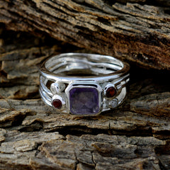 Araya modern purple gemstone ring with square amethyst center and garnet accent stones on silver band