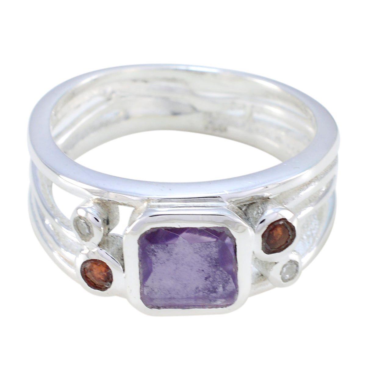 Araya modern purple gemstone ring sterling silver band with square purple center and brown accent stones