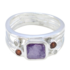 Araya modern purple gemstone ring sterling silver band with square purple center and brown accent stones