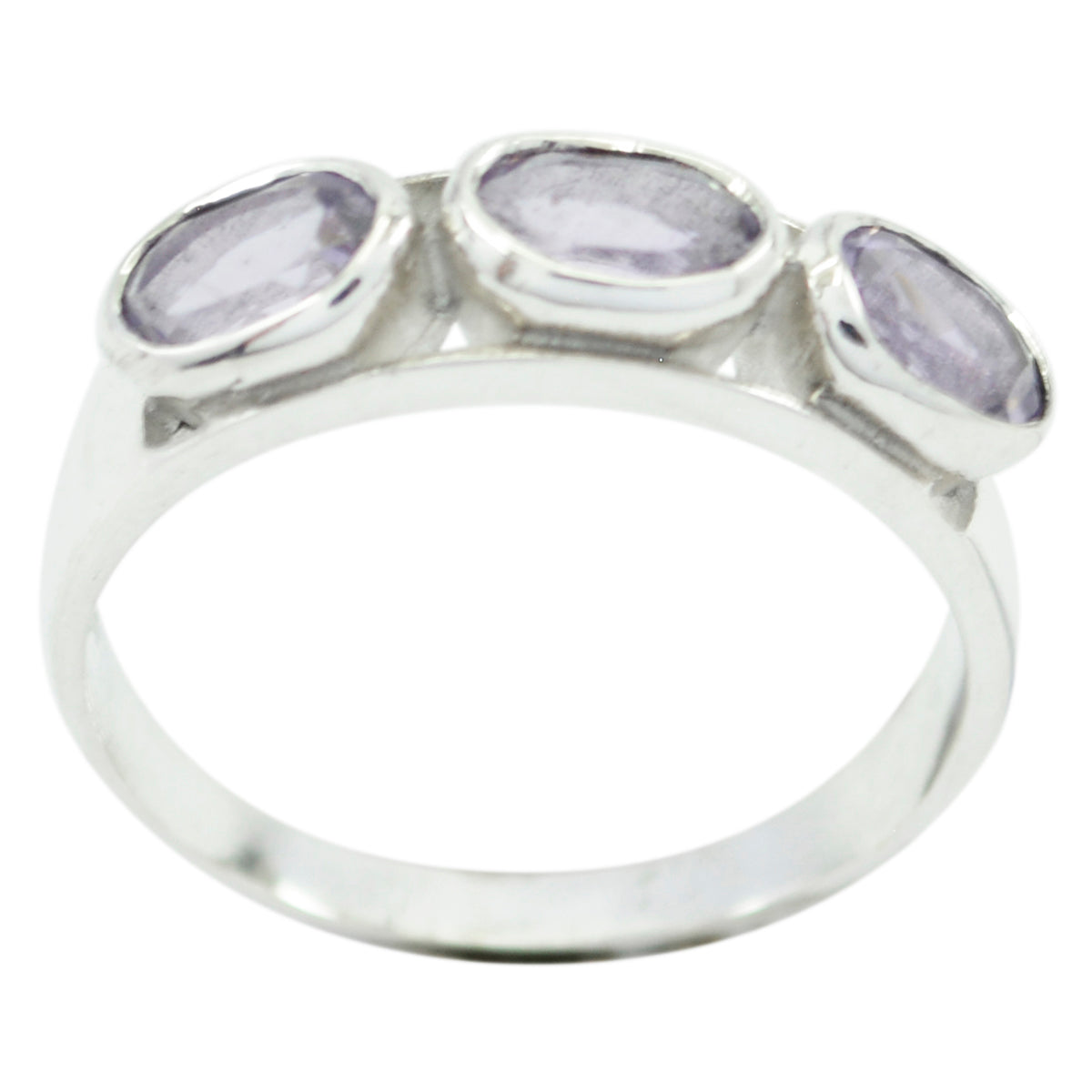Priya modern purple gemstone ring with three oval purple stones set in silver band