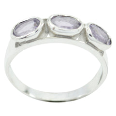 Priya modern purple gemstone ring with three oval purple stones set in silver band