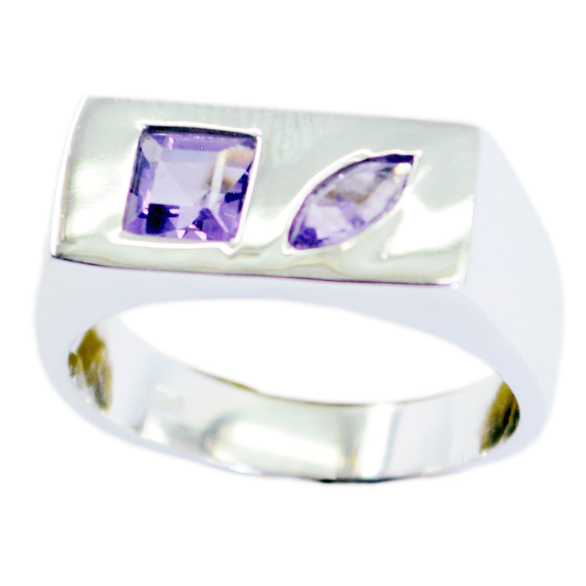 Laura modern purple toi et moi ring with square and marquise purple gemstones set in silver band