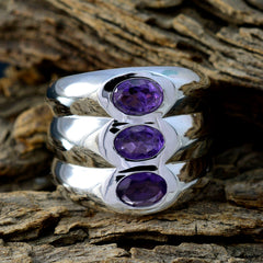 Emily modern purple trilogy ring with three oval purple gemstones set in polished silver band