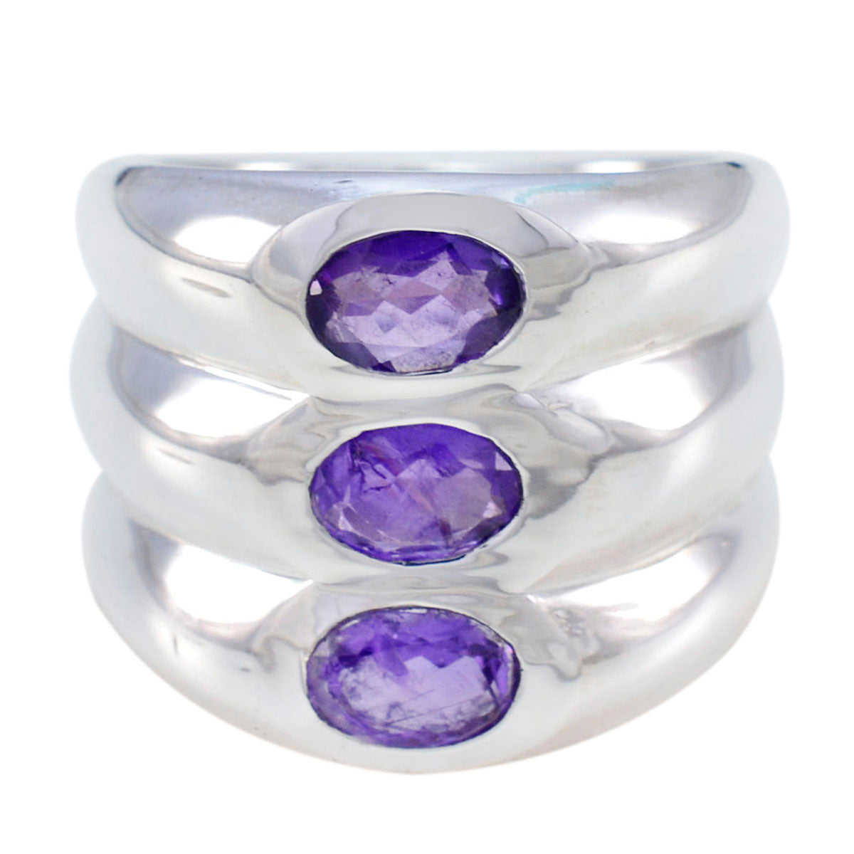 Emily silver modern purple trilogy ring with three oval purple gemstones in a sleek band