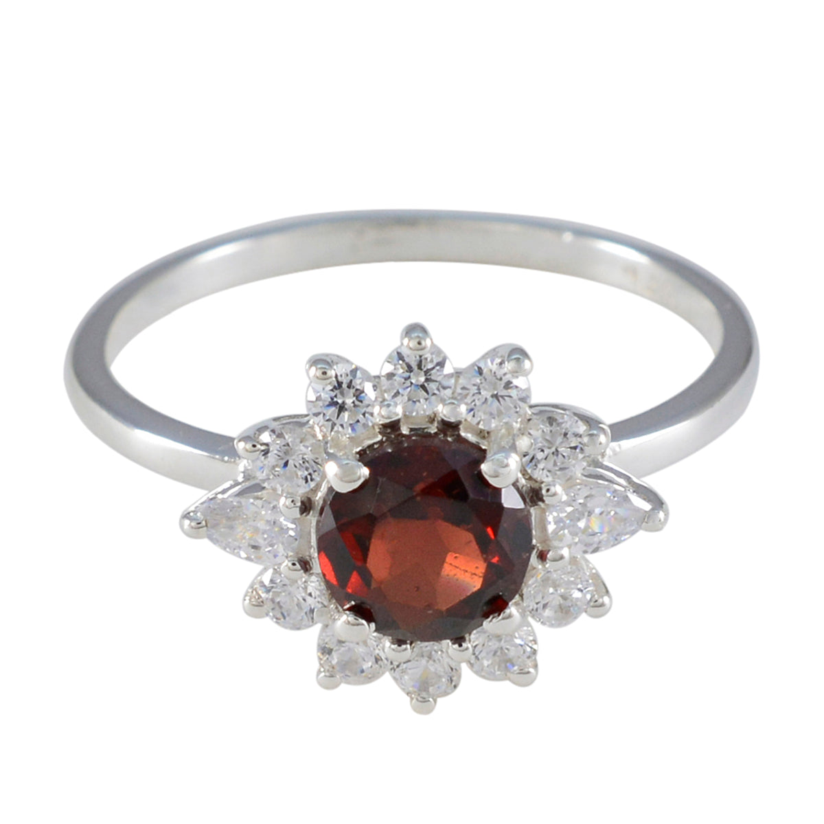 Siti Modern Red Gemstone Halo Ring in Sterling Silver Garnet Red
