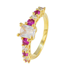 Siti gold band ring with square clear center stone and alternating ruby accents modern red gemstone ring