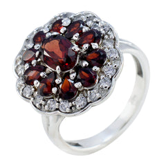 Sofia modern red gemstone ring featuring deep red stones surrounded by small clear crystals