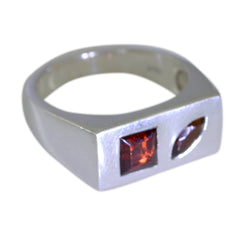 Lorena modern red gemstone ring with square and marquise red stones set in silver band
