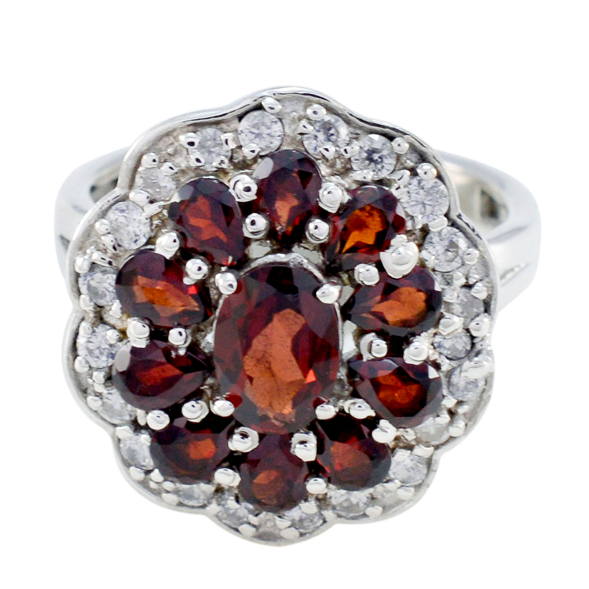 Sofia modern red gemstone ring with multiple red stones and surrounding clear accents in silver setting