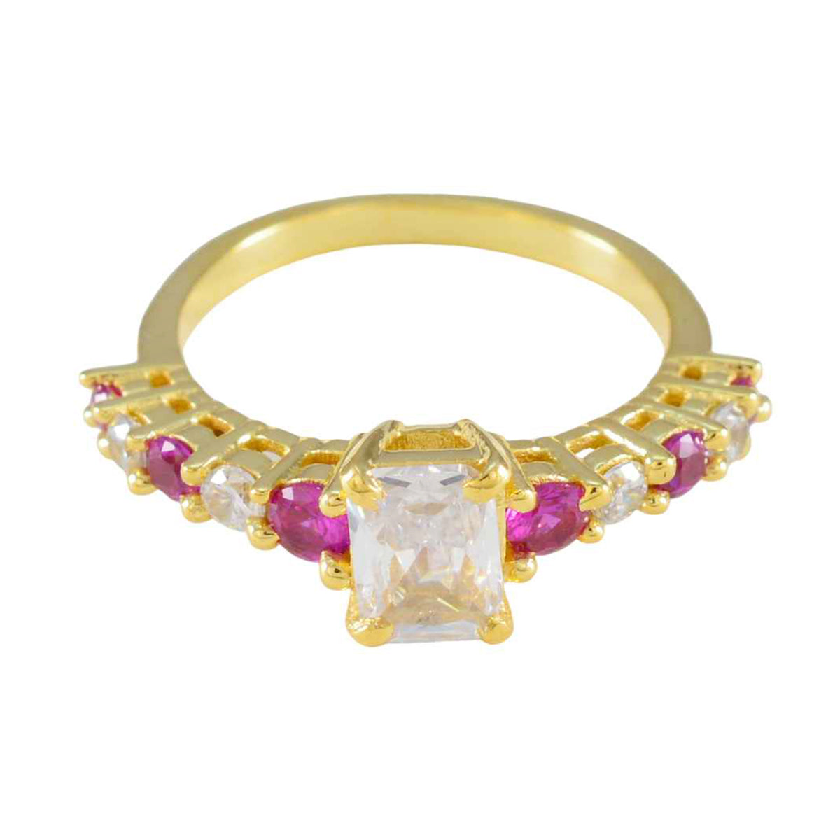 Siti modern red gemstone ring gold band with rectangular clear center stone and alternating ruby and diamond accents