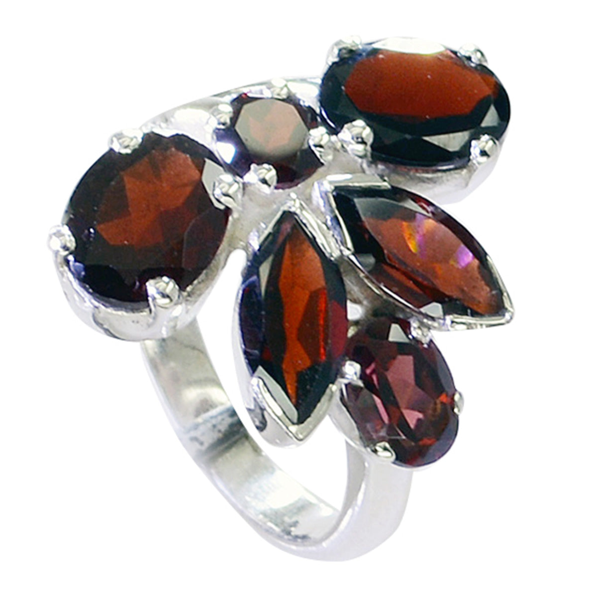 Lorena modern red gemstone ring with multiple red stones set in silver band