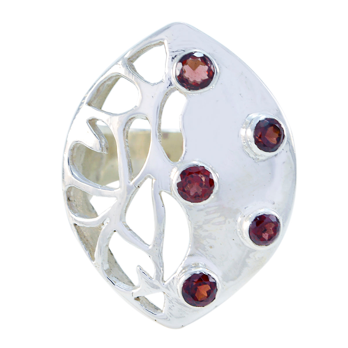Mila modern red gemstone ring with silver openwork design and five red gemstones