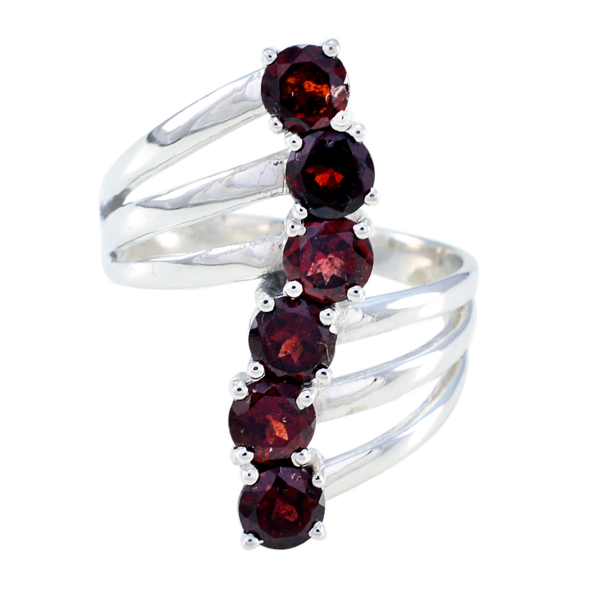 Rosa modern red gemstone ring with six round red stones set in a split silver band