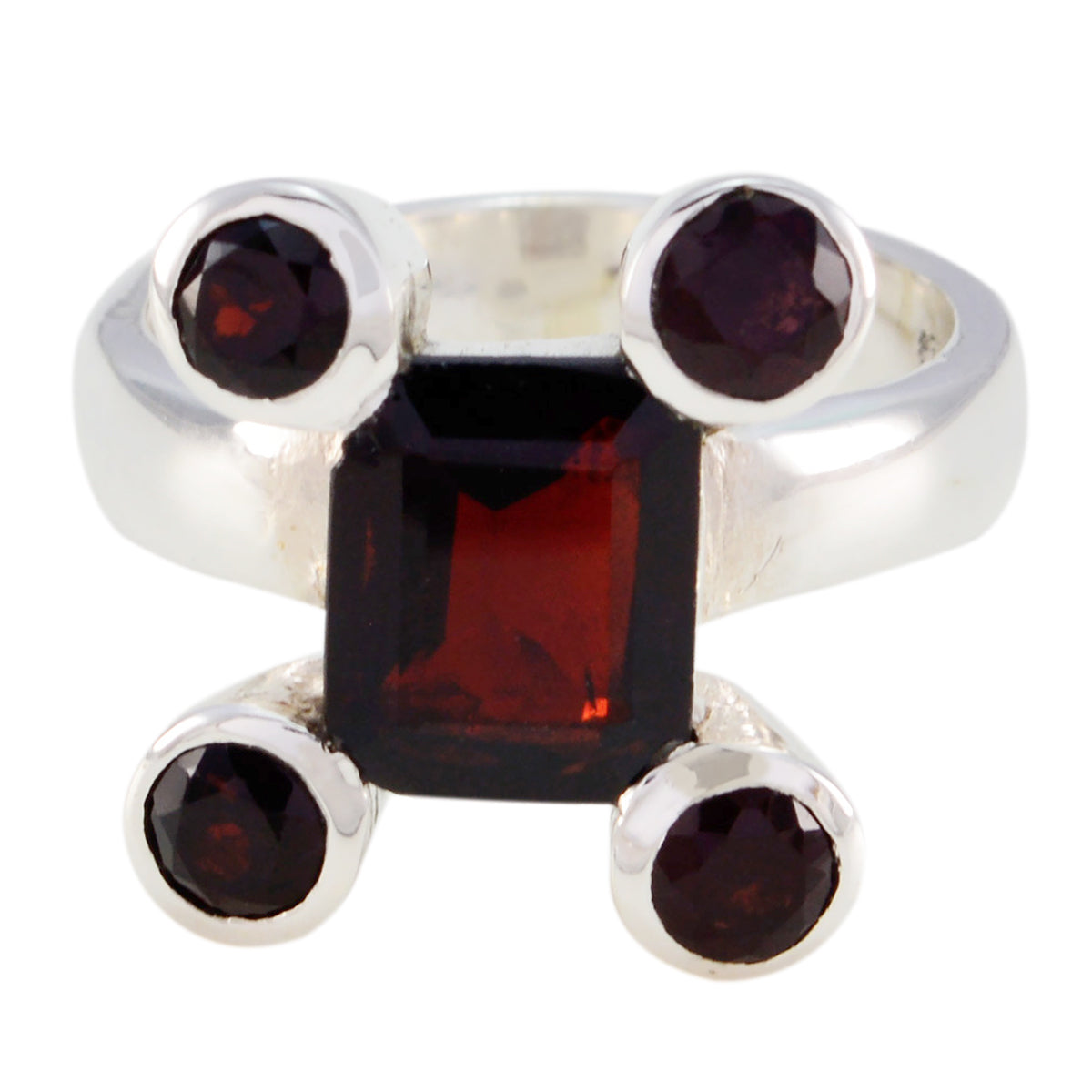 Siti modern red gemstone ring with square center stone and four round accent stones in silver setting
