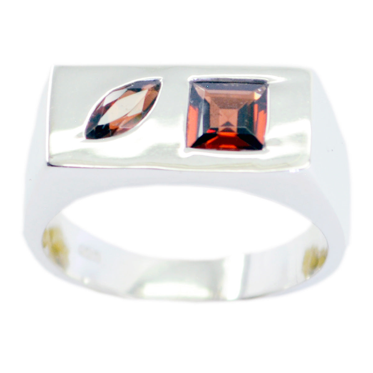 Lorena modern red gemstone ring with rectangular and marquise red stones in silver band