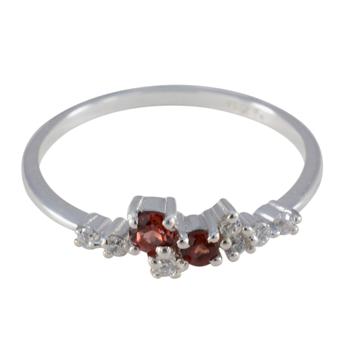 Mei modern red gemstone ring featuring two small round red stones and side white accent diamonds on thin silver band