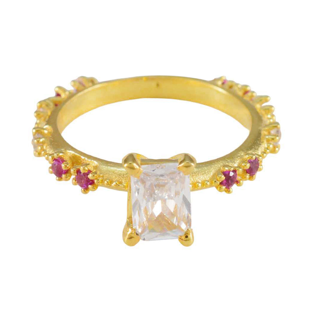 Liyana modern red gemstone ring gold band with rectangular clear center stone and small ruby accents