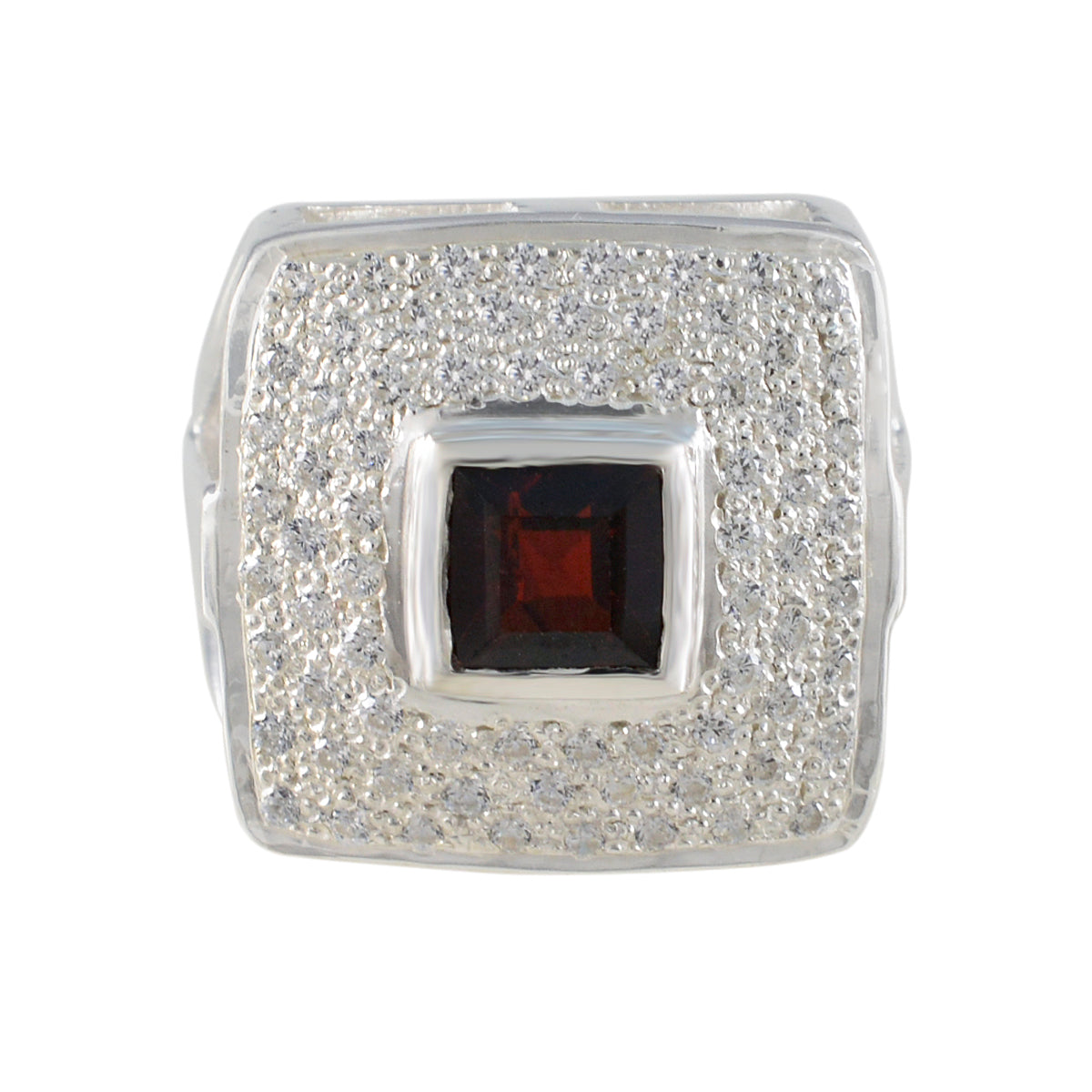 Aisha Modern Red Halo Ring with Square Gemstone Garnet Red