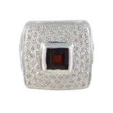 Aisha Modern Red Halo Ring with Square Gemstone Garnet Red