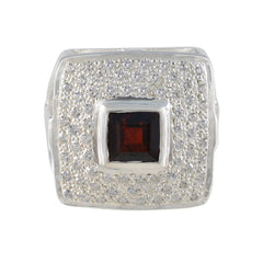 Aisha Modern Red Halo Ring with Square Gemstone Garnet Red