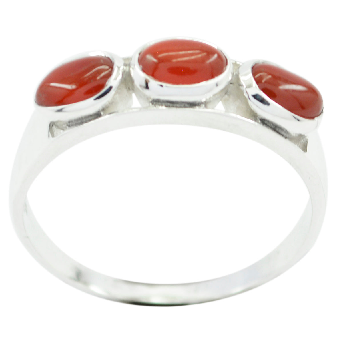 Hana modern red trilogy ring sterling silver band with three glossy red cabochon stones