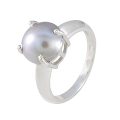 Isla modern solitaire ring with a large gray pearl set in polished silver band