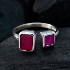 Cecilia modern toi et moi ring with two red rectangular gemstones set in silver band